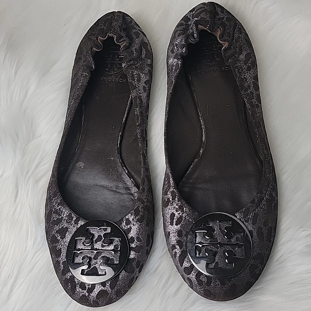 TORY BURCH Leopard Animal Print Metallic Silver Brown Medallion Logo Ballet Flat